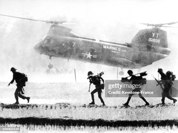 Vietnamese soldiers running for shelter between punji stakes and a rice paddy after the landing of American helicopters. The tall punji stakes were...