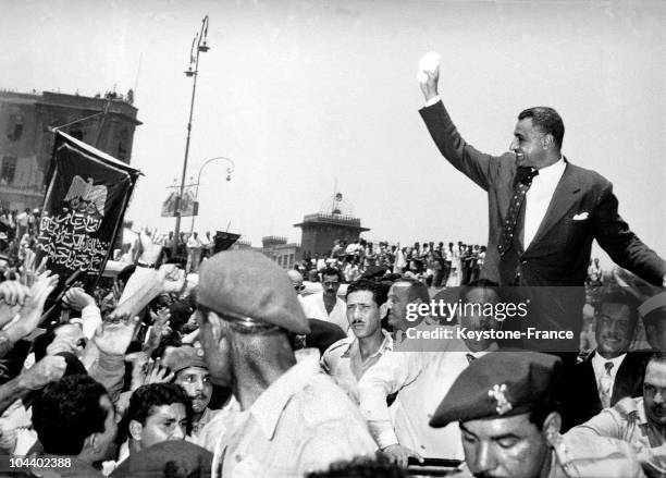 The Egyptian President Gamal Abdel NASSER announcing the nationalization of the Suez Canal to a crowd of 250,000 people during a celebration of the...