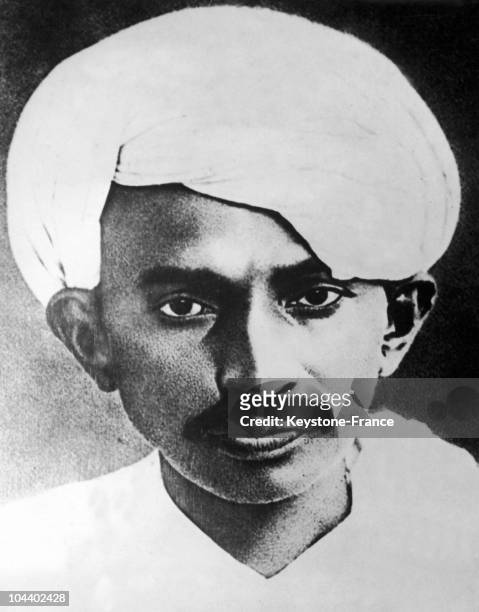 Portrait of Mahatma GANDHI wearing a turbn. On March 12, 1930 the nationalist leader began a campaign of civil disobedience against the British Rule...