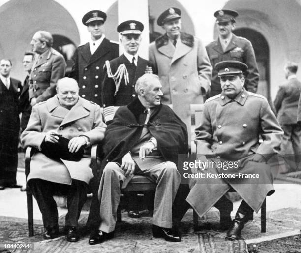 Seated from left to right are the three great victors of World War II: British Prime Minister Winston CHURCHILL, United States President Franklin...