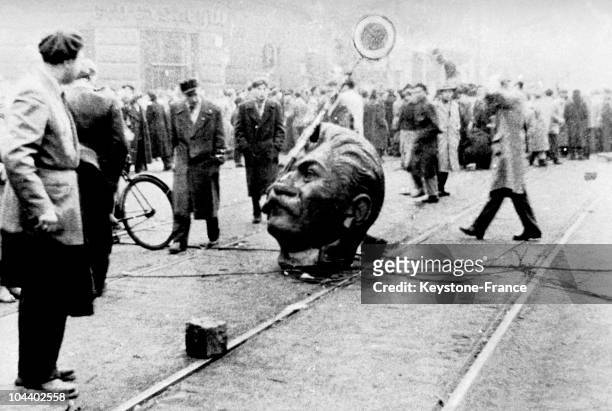 The head of this statue of STALIN was twisted off by Hungarian protesters. Part of the statue of STALIN is lying in the middle of the street.