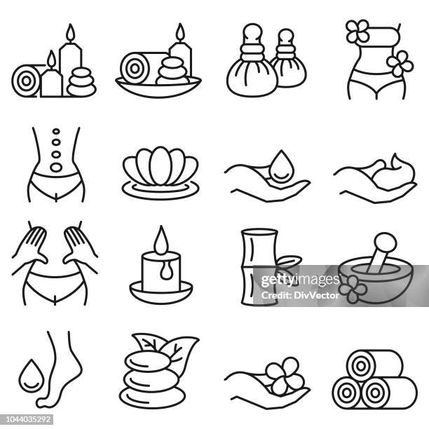 ilustraciones, imágenes clip art, dibujos animados e iconos de stock de conjunto de iconos de masaje spa - alternative medicine