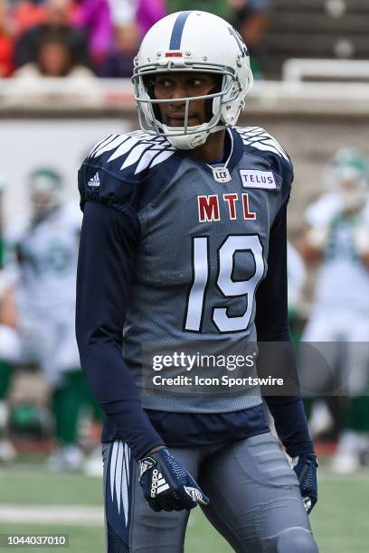 Look on Montreal Alouettes Slot back Adarius Bowman during the Saskatchewan Roughriders versus the Montreal Alouettes game on September 30 at...