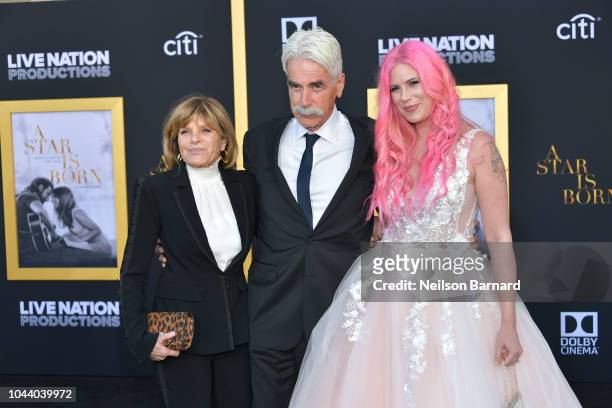 Katharine Ross, Sam Elliott and Cleo Rose Elliott arrive at the Premiere Of Warner Bros. Pictures' 'A Star Is Born' at The Shrine Auditorium on...