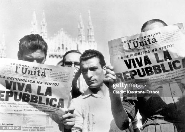 The proclamation of the Italian Republic, passed by the June 2nd referendum, is announced in the Italian newspapers and causes King Umberto II to be...