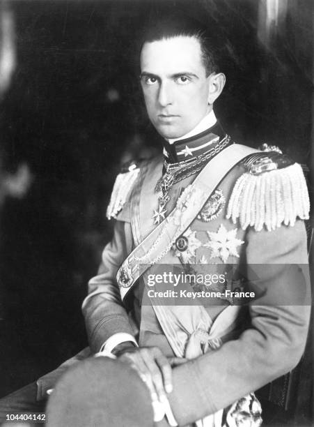 An official portrait of the Crown prince UMBERTO II of Italy. His marriage with Princess MARIE JOSE of Belgium formed an new European alliance.