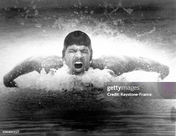 Portrait between 1968 and 1972 of American swimmer Mark Spitz swimming the butterfly stroke. Spitz won a record seven gold medals at the Olympic...