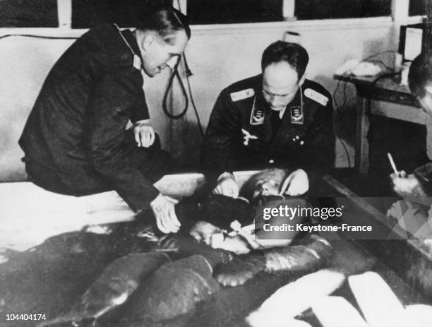 Dachau concentration camp, Germany. The doctors and aviators HOLZLOEHNER and RASCHER making an experience on a camp's prisoner : he is with a...