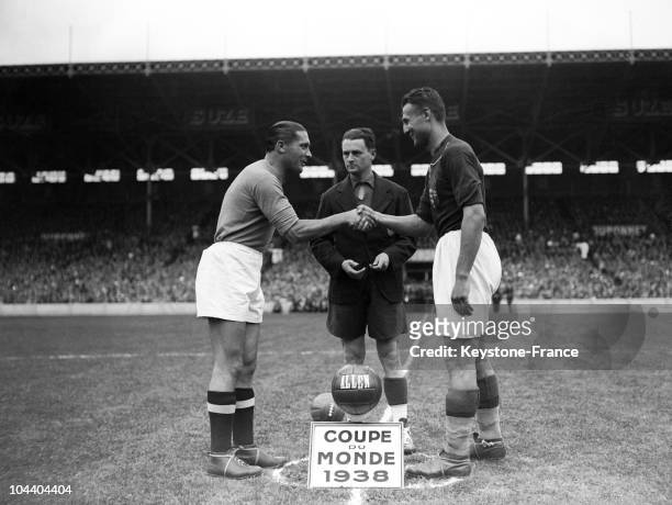 Soccer World Cup in Paris, France. The finals between Hungaria and Italy. The Hungarian and Italian teams' captains are shaking hands. Italy won this...