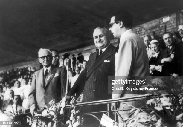 General Eurico Gaspar DUTRA, Brazilian president and jules RIMET , president of the FIFA in the honour stand. They were inaugurating the soccer World...