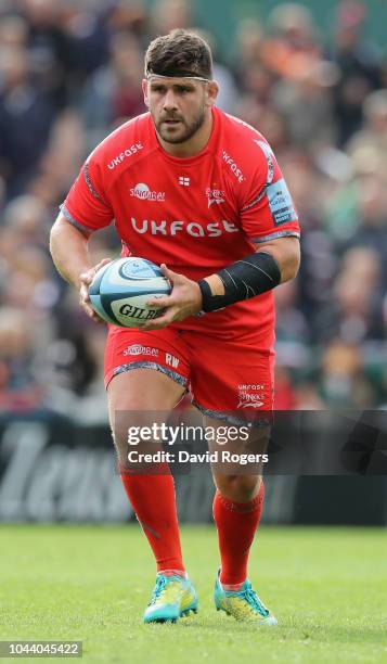 Rob Webber of Sale Sharks runs with the ball during the Gallagher Premiership Rugby match between Leicester Tigers and Sale Sharks at Welford Road...