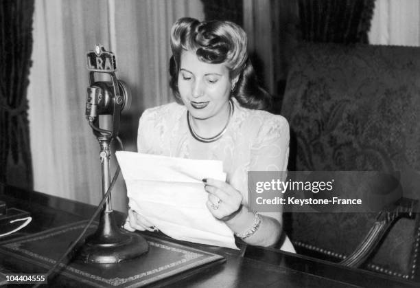 Buenos Aires, Dona Maria Eva Duarte PERON, wife of the Argentinian President is being broadcasted in the radio talking on behalf of Argentinian...