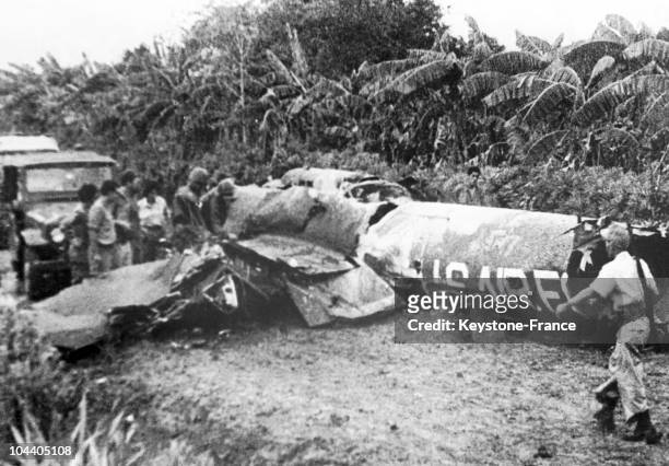 The debris of an American U-2 airplane shot down by the Cubans during the 1962 missile crisis is scattered over the ground. The airplane, piloted by...