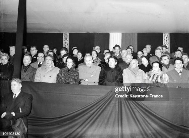 Paris, from left to right : the writer and movie director Jean COCTEAU; Paul ELUARD's daughter Cecile ELUARD; the writer Louis ARAGON; the widow of...