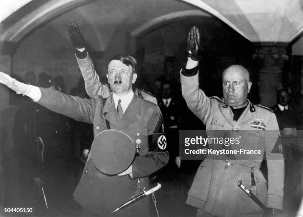 October 28, 1940. German chancellor Adolf HITLER and the Duce Benito MUSSOLINI paying honor to the souls of the deceased during their visit to the...