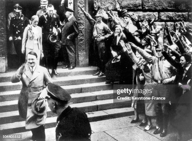 Adolf HITLER descending the steps of the Presidential palace in Berlin after having been named Chancellor of the Reich by President HINDENBURG, on...