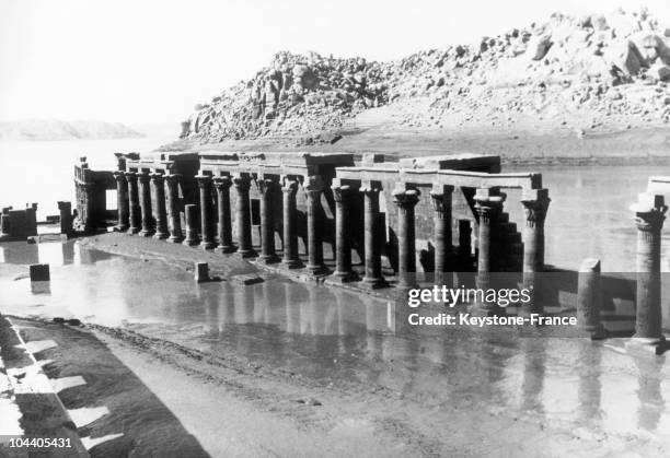 General view in 1967 of the west portico of the Temple of Isis on the island of Philae on the Nile in Egypt, at the entrance to the 1st cataract. The...