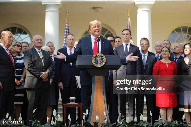 President Donald Trump speaks during a press conference to discuss a revised U.S. Trade agreement with Mexico and Canada in the Rose Garden of the...
