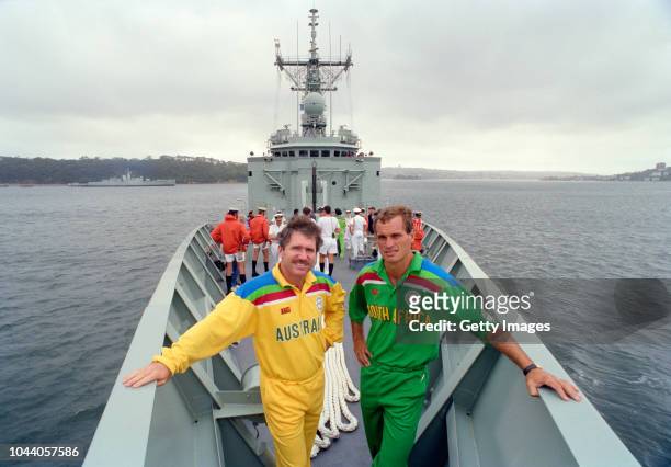 Australia captain Allan Border and South Africa captain Kepler Wessels pictured on board a boat at the opening ceremony for the 1992 Cricket World...