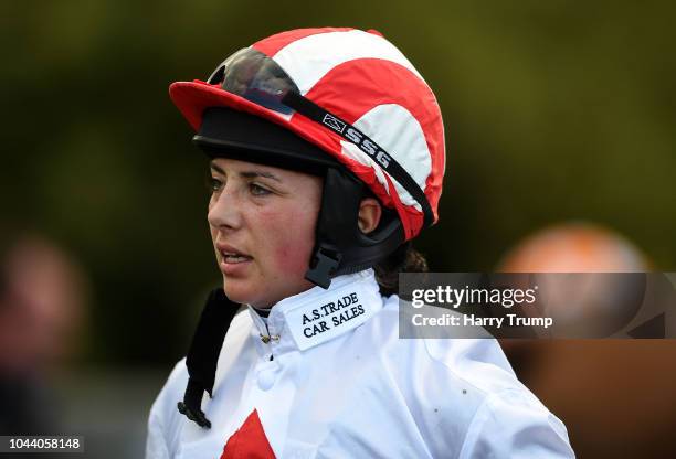 Jockey Bryony Frost looks on as she prepares to return to racing from injury at Newton Abbot Racecourse on October 1, 2018 in Newton Abbot, England.