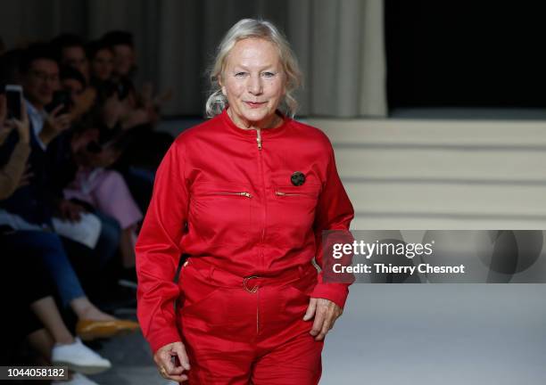 Fashion designer Agnes Trouble acknowledges the audience at the end of the Agnes B show as part of the Paris Fashion Week Womenswear Spring/Summer...
