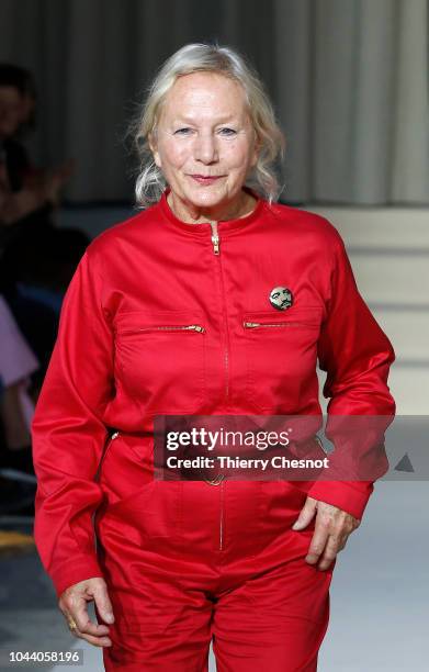 Fashion designer Agnes Trouble acknowledges the audience at the end of the Agnes B show as part of the Paris Fashion Week Womenswear Spring/Summer...