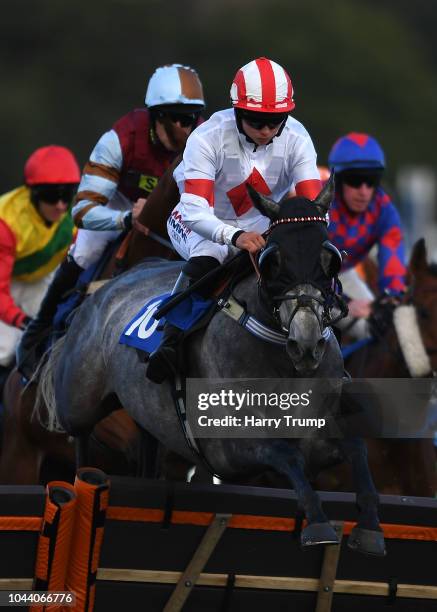 Bryony Frost riding Atlantic Grey take a flight during the Steve Evans Handicap Hurdle at Newton Abbot Racecourse on October 1, 2018 in Newton Abbot,...