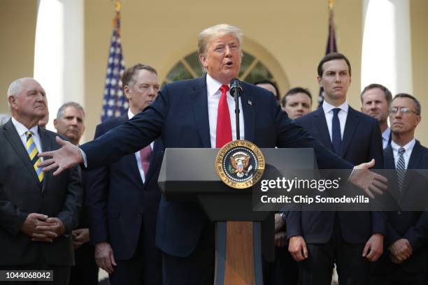 President Donald Trump speaks during a press conference to discuss a revised U.S. Trade agreement with Mexico and Canada in the Rose Garden of the...