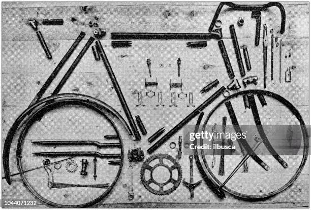antike malerei illustration: zerlegt fahrrad - zerlegen stock-grafiken, -clipart, -cartoons und -symbole