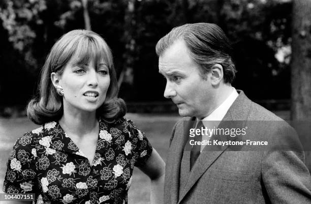 French actors Stephane AUDRAN and Michel BOUQUET in a scene from Claude CHABROL's film, LA FEMME INFIDELE, in Paris in 1969.