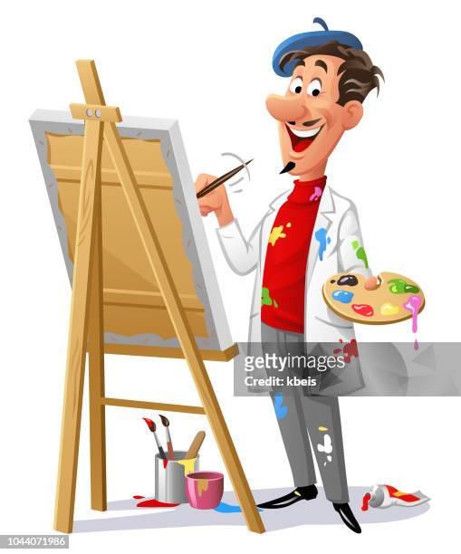 cheerful artist painting a picture - easel stock illustrations