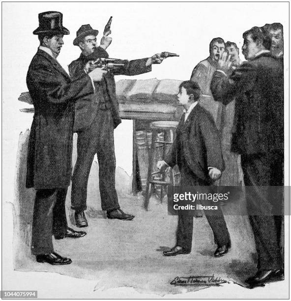 antique painting illustration: pointing gun - teen arrest stock illustrations