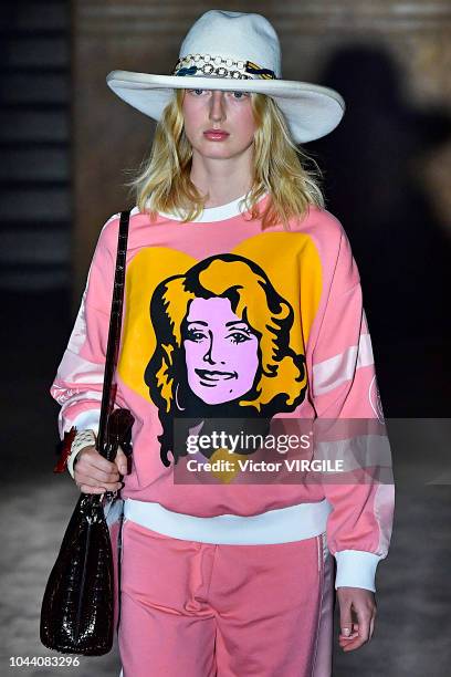 Model walks the runway at the Gucci Ready to Wear fashion show during Paris Fashion Week Spring/Summer 2019 on September 24, 2018 in Paris, France.