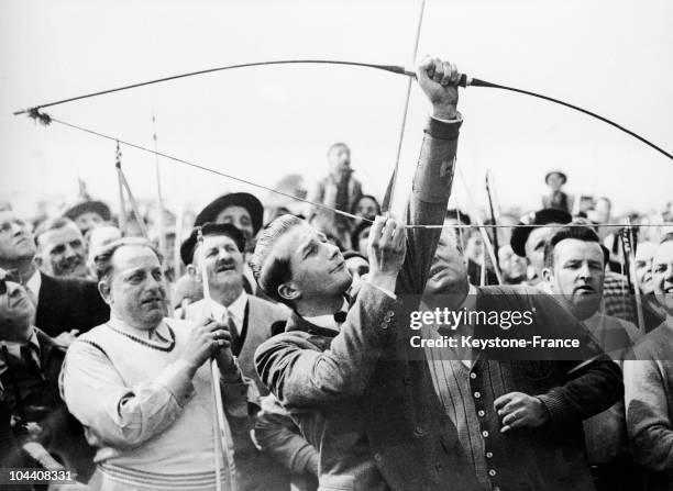 Prince ALBERT II of Belgium pictured shooting an arrow of honor during the inauguration ceremony of a new archery stand in Plancenoit-Waterloo, on...