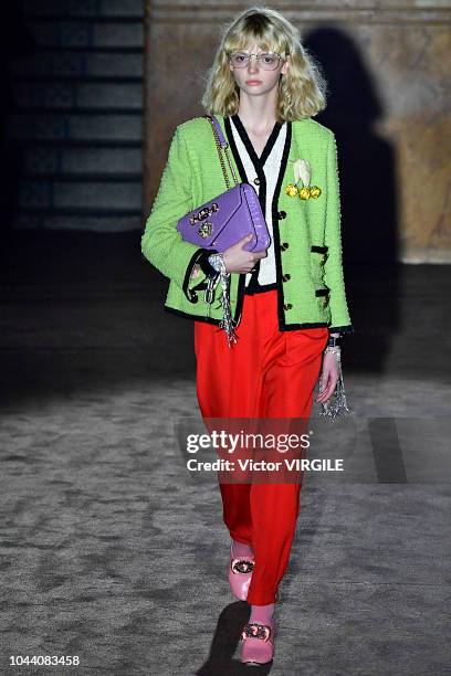 Model walks the runway at the Gucci Ready to Wear fashion show during Paris Fashion Week Spring/Summer 2019 on September 24, 2018 in Paris, France.