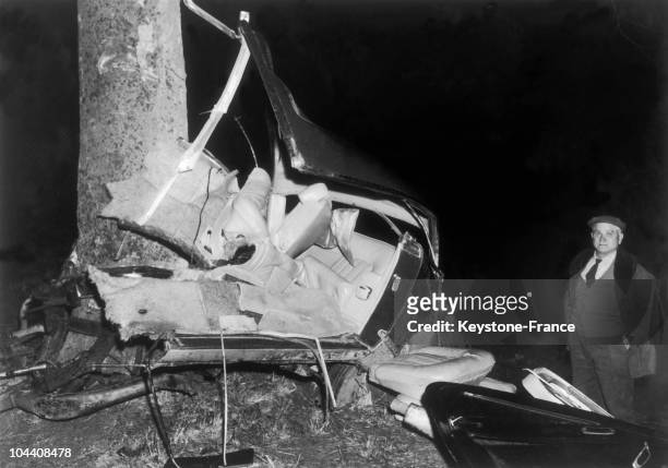 The wrecked car in which the writer Albert CAMUS died at the age of 47, pictured on January 5, 1960.