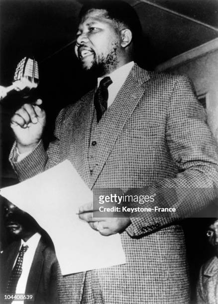 The South African political leader Nelson MANDELA giving a speech before the African Congress. He was sentenced to a prison life penalty in 1964....