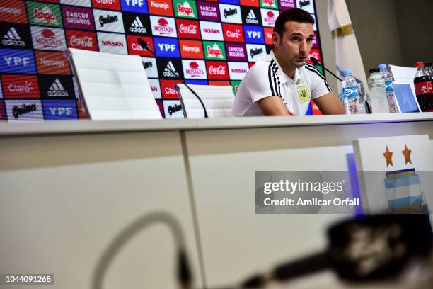 Lionel Scaloni Head Coach of Argentina smiles during a press conference at Ezeiza Training Camp on October 1, 2018 in Ezeiza, Argentina. Argentina...