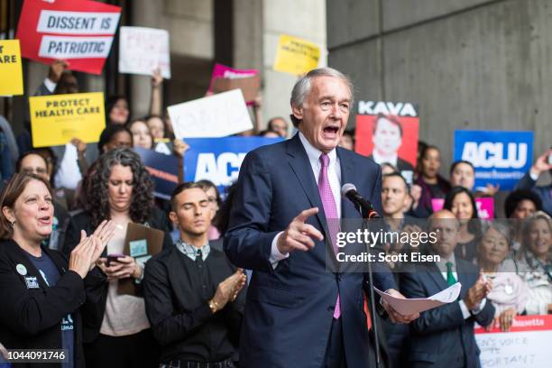 Sen. Ed Markey speaks at a rally calling on Sen. Jeff Flake to reject Judge Brett Kavanaugh's nomination to the Supreme Court on October 1, 2018 in...