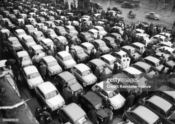 New cars called 600 FIAT stopped in one of the square of Turin on March 12nd 1955.