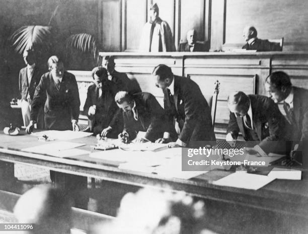 The signing of the Treaty of Lausanne, in the Palais de Rumine, Lausanne, Switzerland, 24th July 1923. The treaty marks the end of the conflict...
