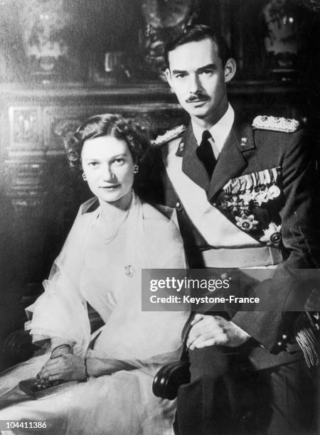 Two weeks before their wedding, Belgian Princess JOSEPHINE-CHARLOTTE poses with her fiance crown Prince JEAN of LUXEMBOURG, on March 25, 1953.