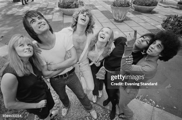 The cast of rock musical 'Hair' in London for its West End debut, UK, 11th September 1968; they are Annabel Leventon, Oliver Tobias, Andy Forray,...