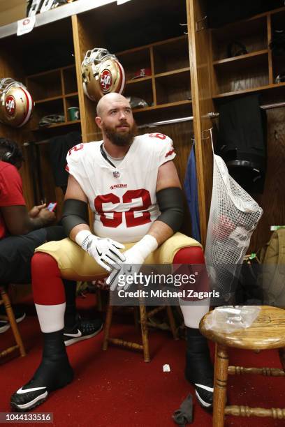 Erik Magnuson of the San Francisco 49ers sits in the locker room prior to the game against the Kansas City Chiefs at Arrowhead Stadium on September...