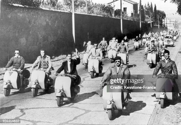 "Vespa" Scooter race from Roma in Italy in 1949.