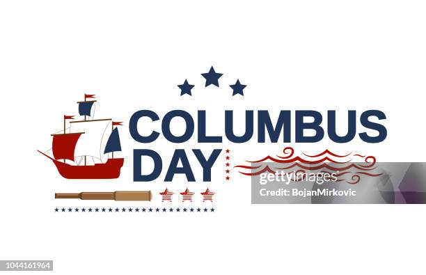 bildbanksillustrationer, clip art samt tecknat material och ikoner med columbus day vit banderoll med fartyget, teleskop och vågor. vektorillustration. - fritidsbåt