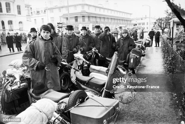 Group of Mods after the destruction of the Clacton beach resort on the eastern coast of England on April 2, 1964.