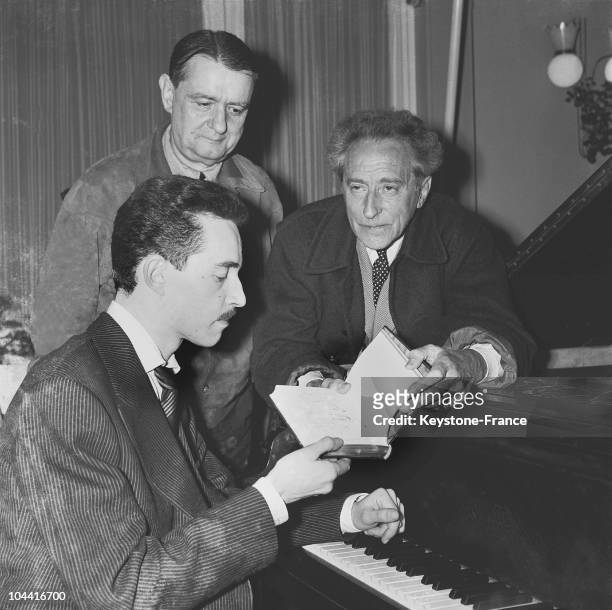 The composer, orchestra conductor and arranger Christian CHEVALIER at the piano, after having won the Django REINHARDT award from the Jazz Academy,...