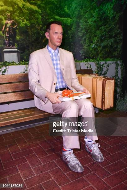 Tom Hanks as Forrest Gump figure during the unveiling of the wax figures of actors Tom Hanks and Vin Diesel at Madame Tussauds on October 1, 2018 in...