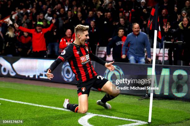David Brooks of AFC Bournemouth celebrates after he scores his sides first goal during the Premier League match between AFC Bournemouth and Crystal...